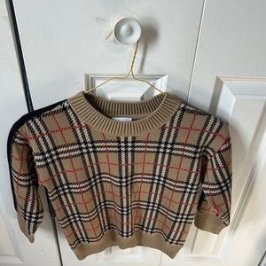 Burberry Beige Plaid Crewneck Sweater with Black & Red Accents